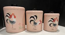 VTG RANSBURG MCM 3 PIECE PINK METAL CANISTER SET HAND PAINTED ROOSTER/FLORAL picture