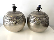 2 Sarreid Round Table Lamps India Hammered Tooled Nickel Plate Brass Sphere VTG picture