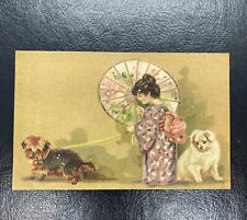 Antique Postcard cute Little Japanese Girl With Dogs And Umbrella/ Rare picture