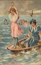 Bathing Beauty Women in Rowboat c1905 Embossed Postcard picture