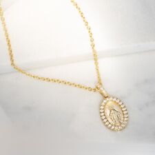Miraculous Medal 18k Gold over Silver Virgin Mother Mary Pendent Necklace cz set picture