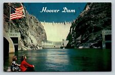 Hoover Dam Nevada & Arizona Ladies with US Flag Background Vintage Postcard 1662 picture