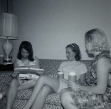 Three Pretty Women Sitting On Sofa With Book & Drinks B&W Photograph 3.5 x 3.5 picture