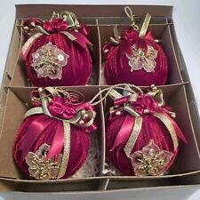 Stunning 4pc Red Gold Velour Christmas Ornament Trim Bejeweled picture