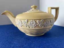 1900's Wedgwood Jasperware Yellow Cream Miniature Teapot basketweave and flower picture