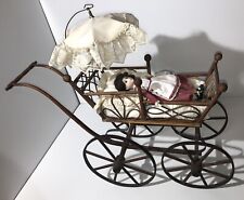 Antique Baby Doll & Carriage Wood & Wicker Stroller Baby Buggy picture