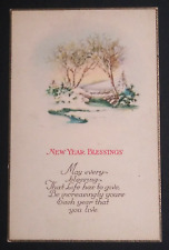 New Year Blessings Snow Trees Stream Scenic View UNP Unused Postcard c1920s picture