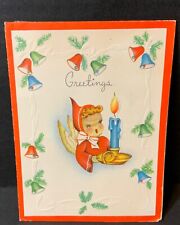 VTG 1944 Embossed Christmas Card Cute Girl Angel Holding Candle Border of Bells picture