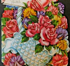 Vintage Get Well Greeting Card Glass Basket Full of Flowers C263 picture