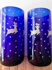 Vintage Libbey Cobalt Blue Reindeer Snow Glasses Set of 2 6