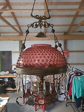 VICTORIAN BRASS FENTON CRANBERRY OPALESCENT HOBNAIL GLASS HANGING OIL LAMP RARE picture