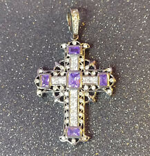 Purple Stones Cross Pendant Vintage Art Deco Clear Crystals Black Metal Stunning picture