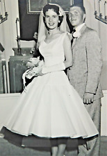 Stylish 1950's Wedding Photo Tea-Length Bridal Dress Crew Cut Groom 5x7 B&W Vtg picture