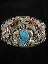 Native American Belt Buckle Navajo Sterling Silver Coral Turquoise Bear Claw picture