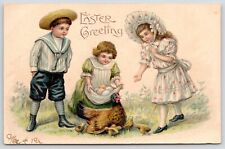 Victorian Easter~Boy & Girls Gather Pastel Color Eggs~Hen Squawks~Chicks~Emboss picture