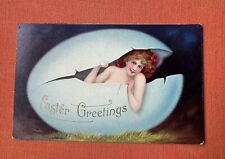 Antique 1900s German naughty Easter greetings egg postcard used picture