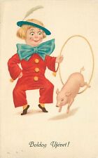 Postcard 1927 Happy New Year Child Pig jump hoop Comic Humor 22-13350 picture
