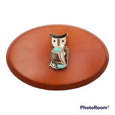 FANTASTIC VINTAGE ZUNI coral TURQUOISE JET STERLING SILVER OWL PIN/PENDANT picture