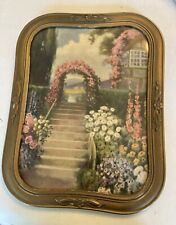 BEAUTIFUL ANTIQUE BURNISHED GOLD FRAME W/ ANTIQUEGARDEN SCENE picture