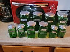 10Vintage OWENS ILLINOIS Green Swirl Ribbed HOOSIER Glass CANISTERS Jars Lids Se picture