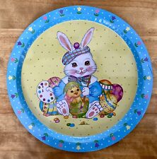 VTG GIFTCO Painted Metal Easter Tray, Colorful Bunny Artist,  13” Diameter picture