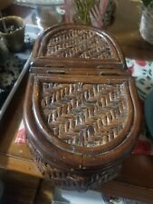 Oval Handwoven Wicker Utility  Basket Box w/  Dual Lid Dark Brown-Vintage RARE picture