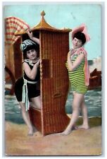 Beach Bathing Beauties Postcard Bath House Embossed c1910's Antique picture