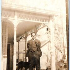 c1910s Fat Professional Man House Porch RPPC Pet Dog Windmill Real Photo A142 picture