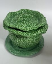 Vintage Cabbage Lettuce Cookie Jar Serving Bowl w Lid & Plate 1970 Green Ceramic picture