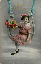 c1915 Happy New Year Postcard Little Girl Rides Horse Shoe Swing picture