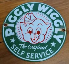 Vintage Piggly Wiggly 6” Porcelain Gas Station Grocery Store Supermarket Sign picture