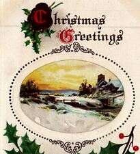 c1910 CHRISTMAS GREETINGS COTTAGE SNOW SCENE HOLLY PEACE EMBOSSED POSTCARD 26-83 picture