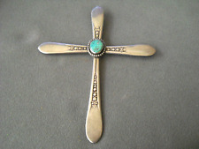 Large High-Grade Southwestern Turquoise Sterling Silver Silverware Cross Pendant picture