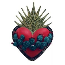 Punched TIN HEART Agave Nopales, Sacred Heart with Flames, CACTUS Heart 9.5