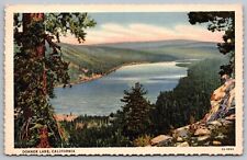 California Donner Lake Birds Eye View Lakefront Mountains Linen Forest Postcard picture