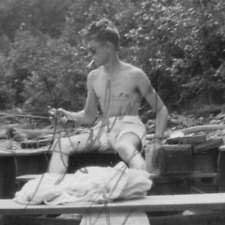 5Q Photograph Handsome Man Fishes From Rowboat Shirtless Smoking Cigarette 1940s picture