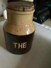 Vtg Danish Pottery “THE” Or Tea Canister Pot Jug With Cork Lid Brown Gold picture