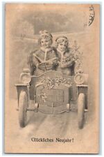 c1910's New Year Children Riding Car Winter Germany Posted Antique Postcard picture