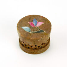 Vintage Minature Hand-Carved Soapstone Trinket Box with Mother-of-Pearl Inlay picture