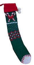 Vintage Long Knit Christmas Stocking Candy Canes With Pom Poms 25