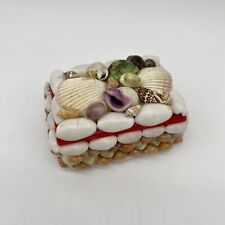 VINTAGE SEA SHELL TRINKET JEWELRY RING BOX TRAMP ART RED SATIN LINED LID OCEAN picture