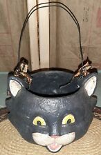 RARE Vintage Ceramic Black Cat Haindpainted Ceramic Candy Basket Bag Halloween picture