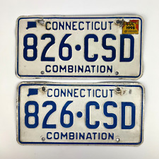 Vintage Connecticut License Plates Combination Pair 1998 White and Blue 826 CSD picture