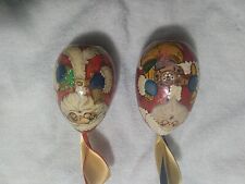 Pair Of Vintage Hand Painted Santa Ornaments Wooden  picture