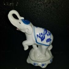 Blue Elephant Figurine Ceramic Hand Paint Craft Lucky Truck Up Home Decor Gift picture