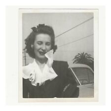 Vintage Snapshot Candid Photo Woman Eyes Closed Windblown Collar Car Palm Tree picture
