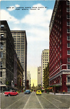 Main St Looking North Cars Buildings Fort Worth TX Unused Linen Postcard 1940s picture