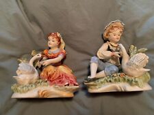 PAIR Vintage Capodimonte Porcelain Girl & Boy Figurines With Swan Duck 8