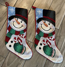 Set 2 Needlepoint Snowman Stocking Snowflake Wool Velvet Red Green Blue Holiday picture