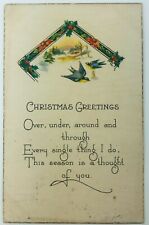 Vintage Christmas Greetings Postcard Blue Birds Winter Scene Holly 1920 picture